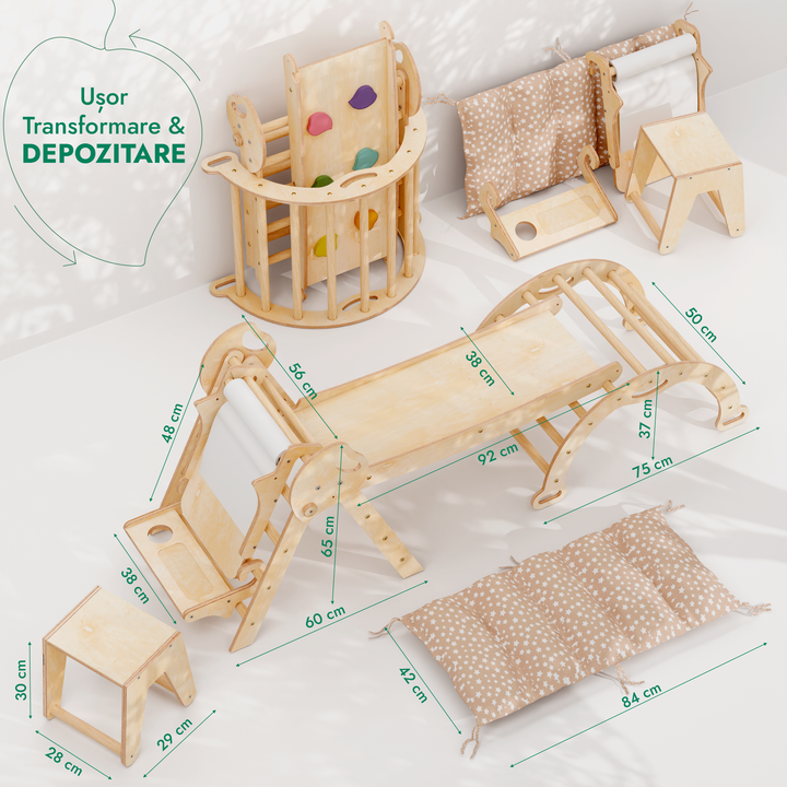 Set de cățărat Montessori 5 în 1: scară triunghiulară + arc de cățărat + tobogan + pernă + гmelecký doplnok