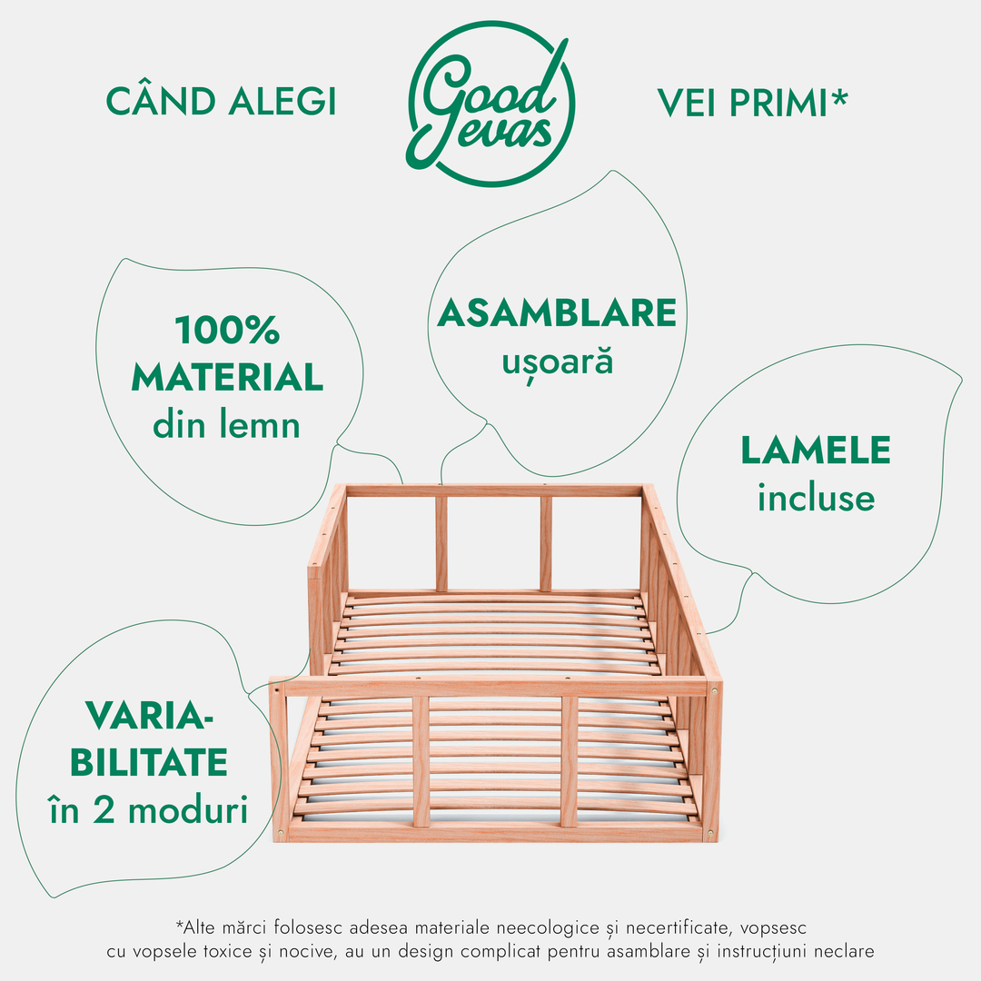Cadru de pat Montessori cu protecție pentru copii mici