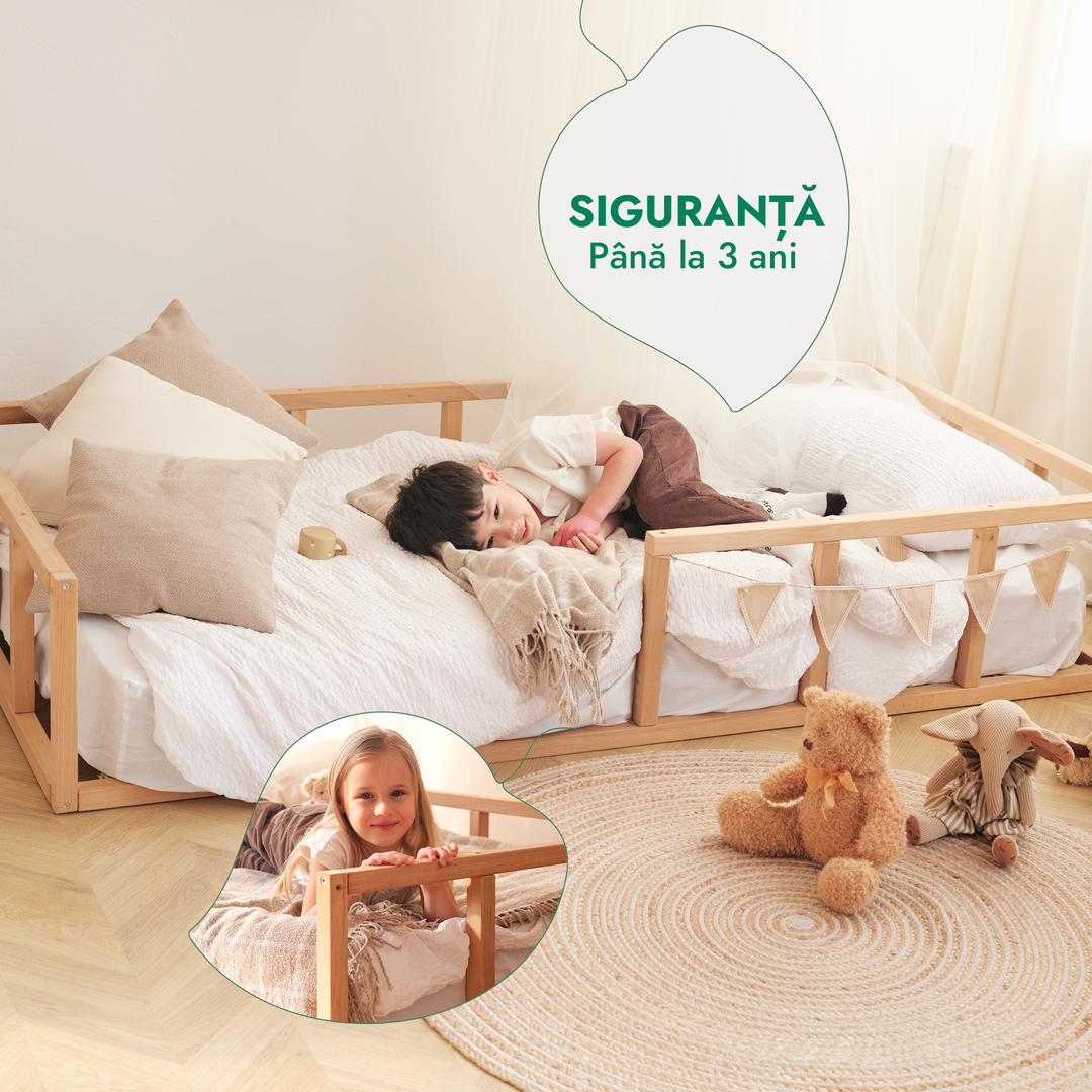 Cadru de pat Montessori cu protecție pentru copii mici