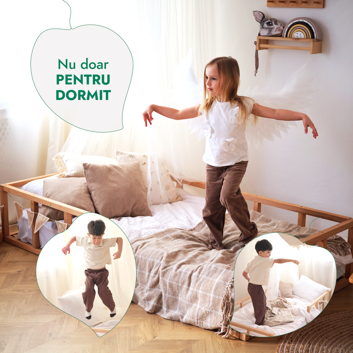 Cadru de pat Montessori cu protecție pentru copii mici