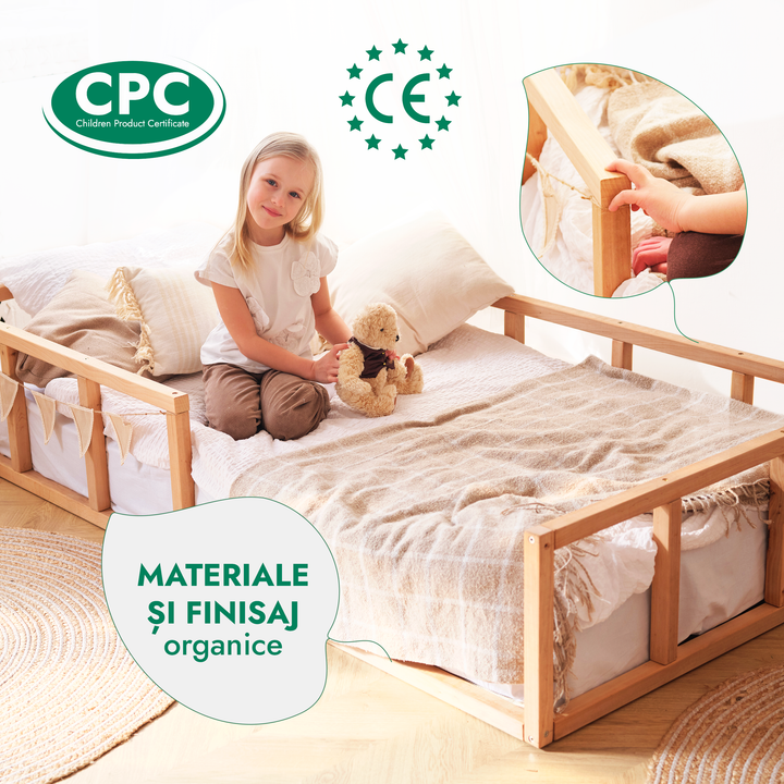 Cadru de pat Montessori cu protecție pentru copii mici