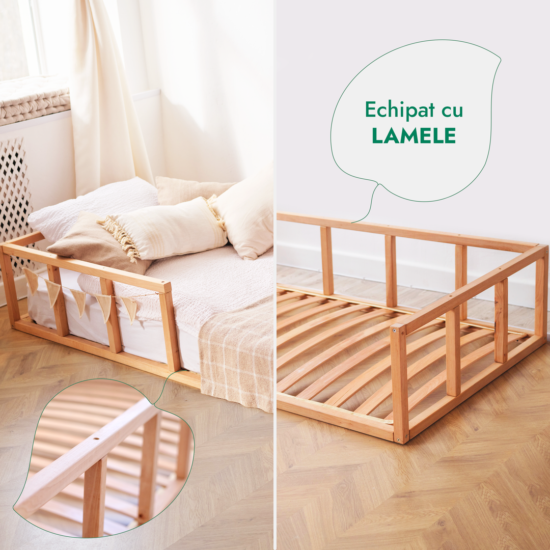 Cadru de pat Montessori cu protecție pentru copii mici