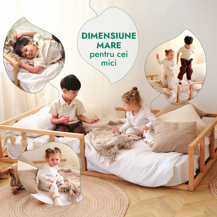 Cadru de pat Montessori cu protecție pentru copii mici