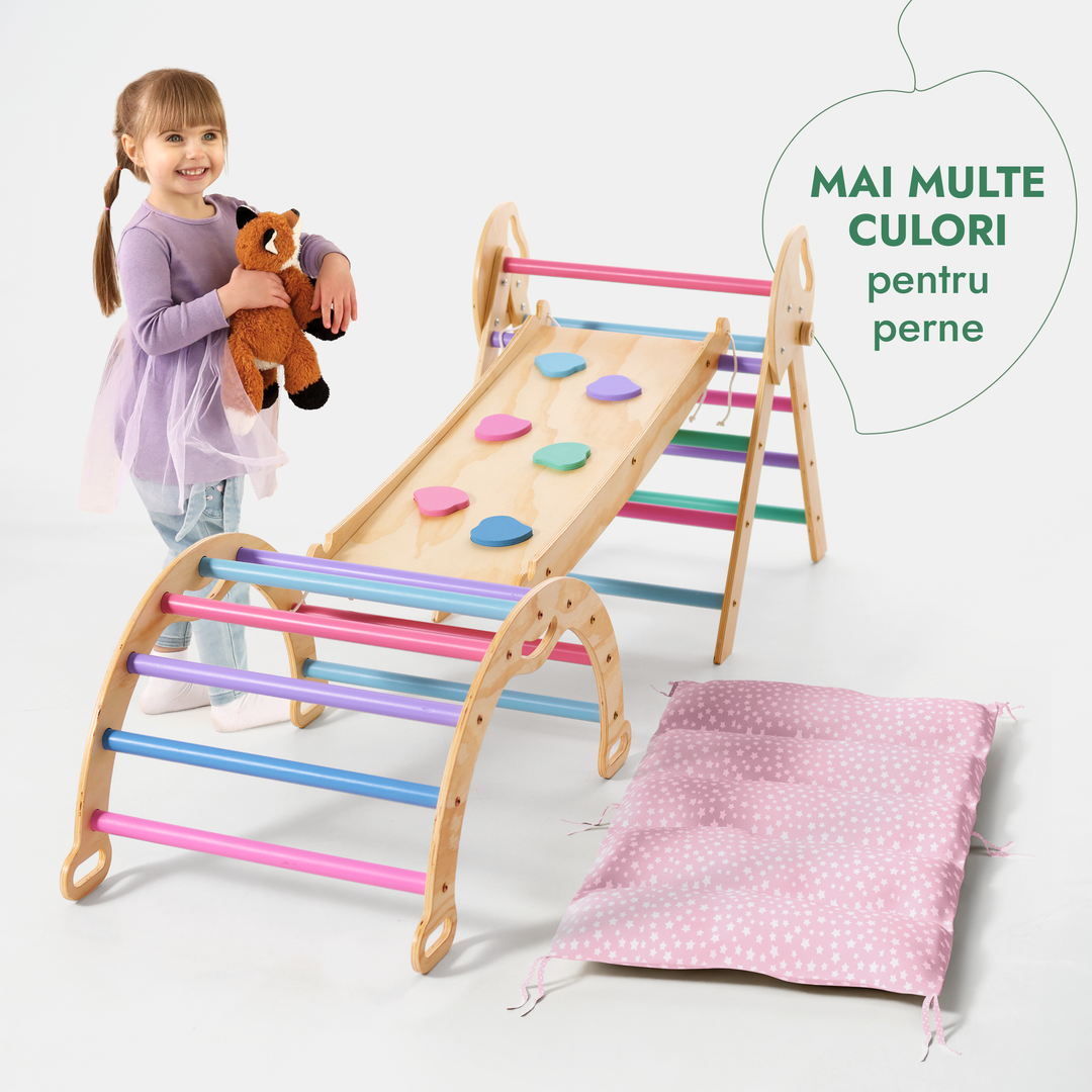 Set de cățărare Montessori 4-în-1: Triunghi Pikler, Arc, Placă de alunecare și Pernă pentru copii mici (1–3 ani) – Pastel