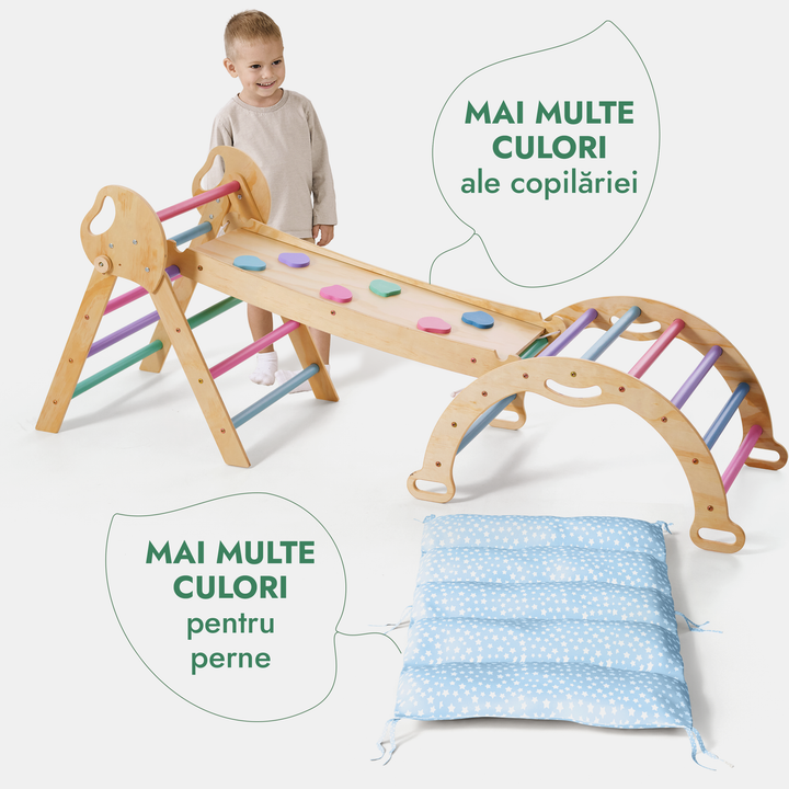 Set de cățărare Montessori 4-în-1: Triunghi Pikler, Arc, Placă de alunecare și Pernă pentru copii mici (1–3 ani) – Pastel