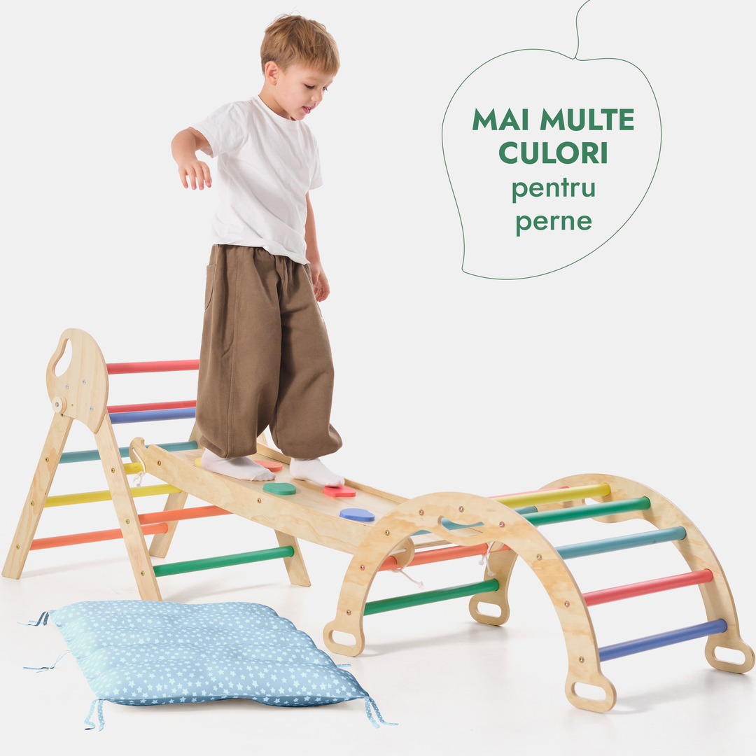 Set de cățărare Montessori 4-în-1: Triunghi Pikler, Arc, Placă de alunecare și Pernă pentru copii mici (1–3 ani) – Curcubeu