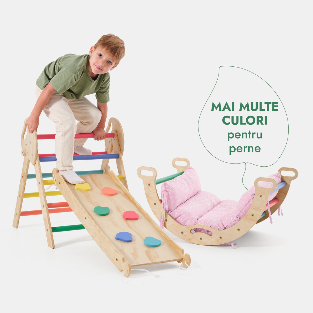 Set de cățărare Montessori 4-în-1: Triunghi Pikler, Arc, Placă de alunecare și Pernă pentru copii mici (1–3 ani) – Curcubeu