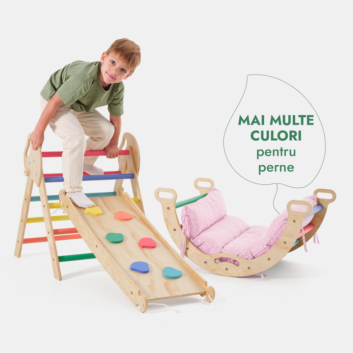 Set de cățărare Montessori 4-în-1: Triunghi Pikler, Arc, Placă de alunecare și Pernă pentru copii mici (1–3 ani) – Curcubeu