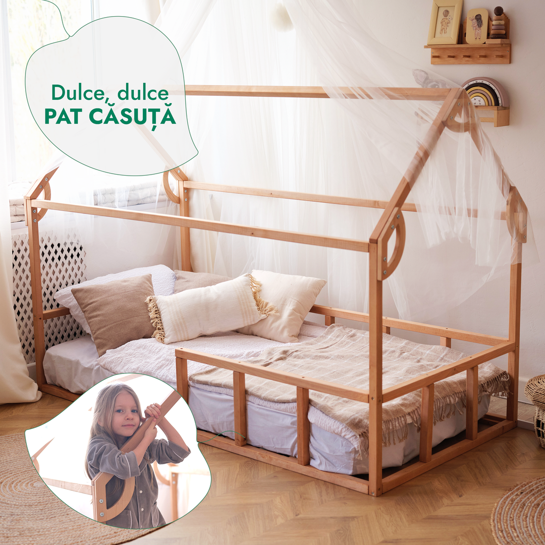 Pat cu protecție pentru căsuță Montessori pentru copii mici