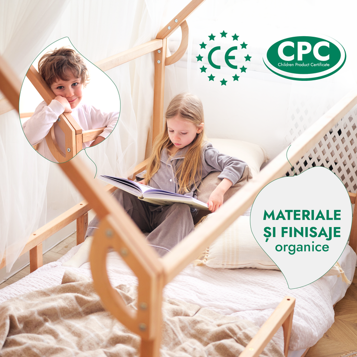 Pat cu protecție pentru căsuță Montessori pentru copii mici