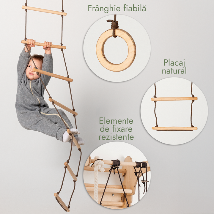 Set 3 în 1 cu leagăn și jucării de cățărare: scară din frânghie, inele de gimnastică și leagăn cu disc