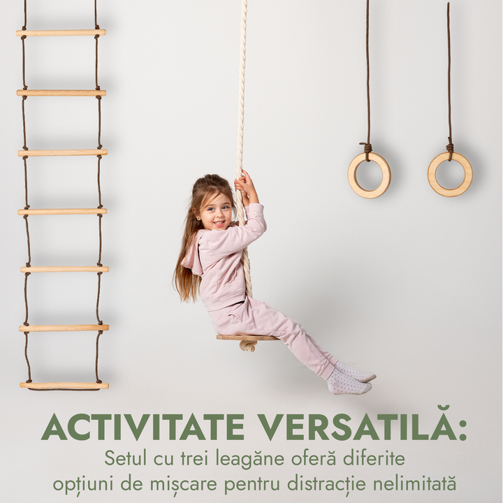 Set 3 în 1 cu leagăn și jucării de cățărare: scară din frânghie, inele de gimnastică și leagăn cu disc