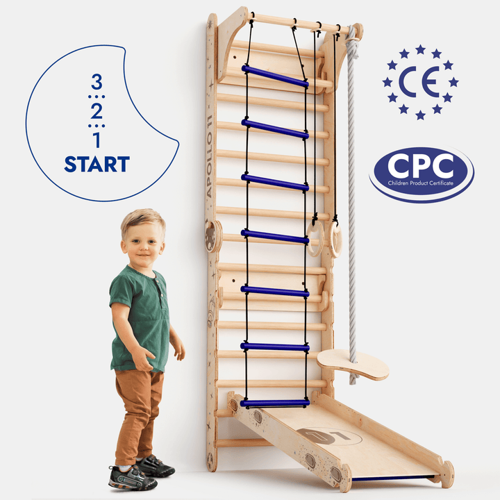 Perete suedez Apollo / Scară de cățărare pentru micii astronauți + Set cu leagăn Moon + Placă de alunecare