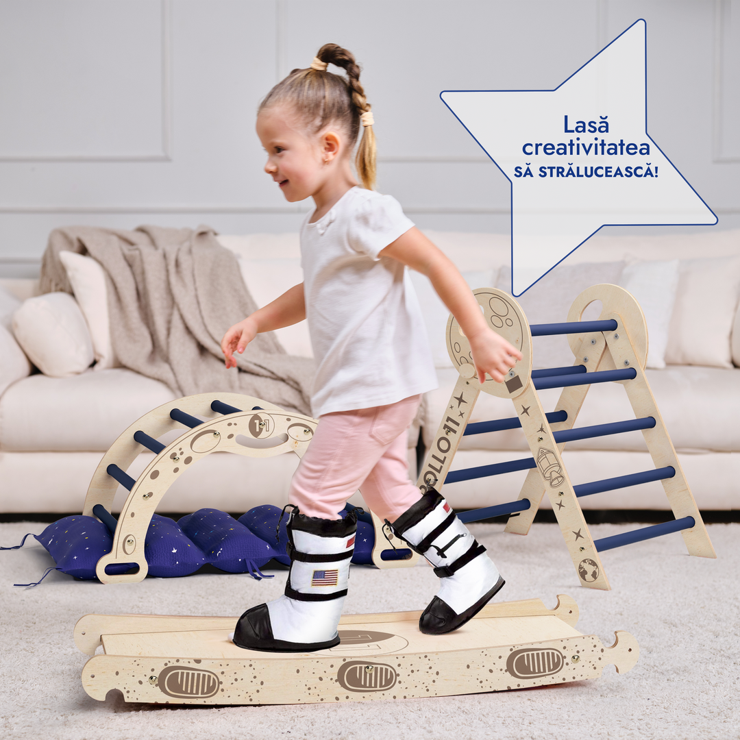Set de cățărare Apollo 4-în-1: Triunghi Pikler, Arc, Placă de alunecare și Pernă pentru micii astronauți