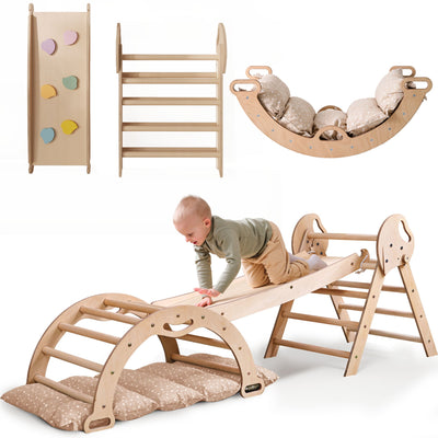 Set de cățărat Montessori 5 în 1: scară triunghiulară + arc de cățărat + tobogan + pernă
