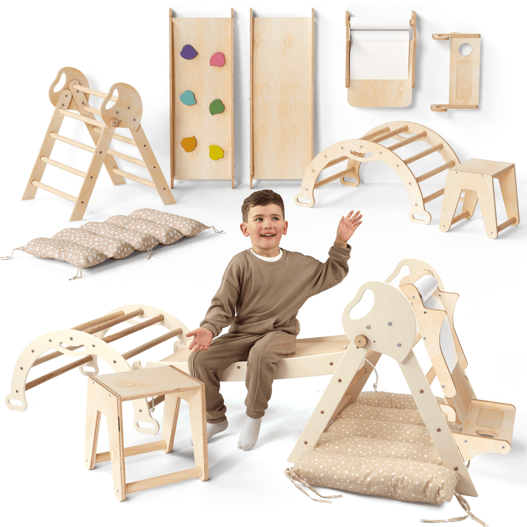 Set de cățărat Montessori 5 în 1: scară triunghiulară + arc de cățărat + tobogan + pernă + гmelecký doplnok