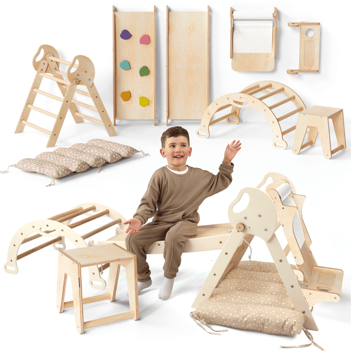 Set de cățărat Montessori 5 în 1: scară triunghiulară + arc de cățărat + tobogan + pernă + гmelecký doplnok