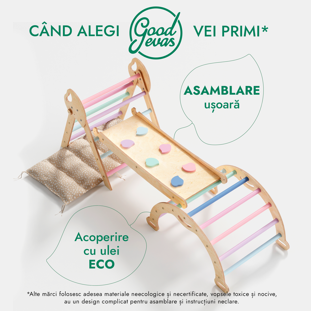 Set de cățărare Montessori 4-în-1: Triunghi Pikler, Arc, Placă de alunecare și Pernă pentru copii mici (1–3 ani) – Pastel