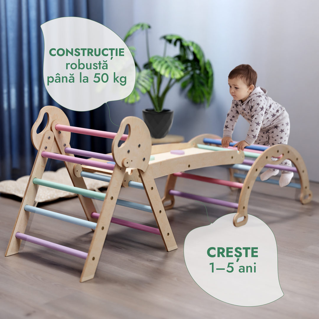Set de cățărare Montessori 4-în-1: Triunghi Pikler, Arc, Placă de alunecare și Pernă pentru copii mici (1–3 ani) – Pastel