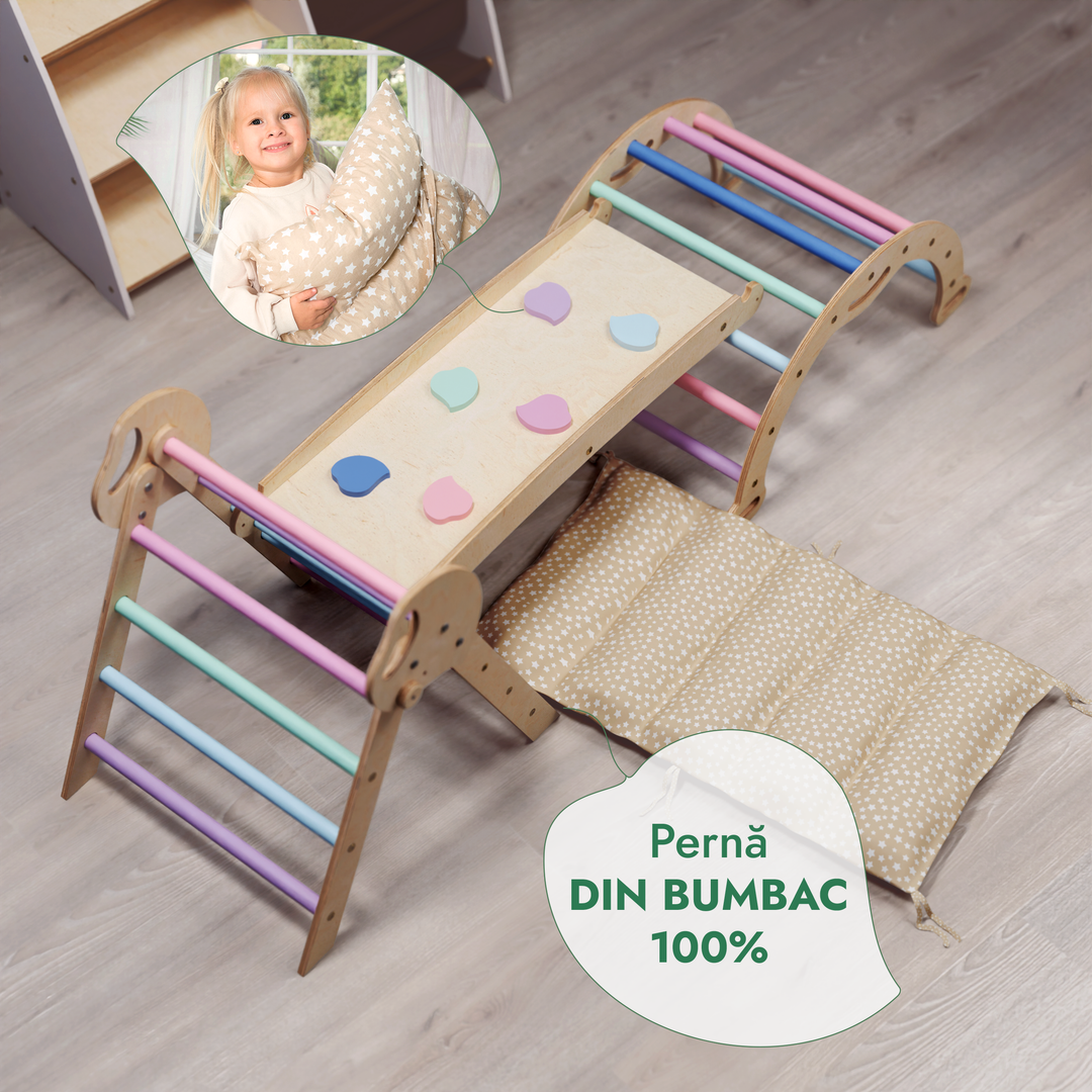 Set de cățărare Montessori 4-în-1: Triunghi Pikler, Arc, Placă de alunecare și Pernă pentru copii mici (1–3 ani) – Pastel