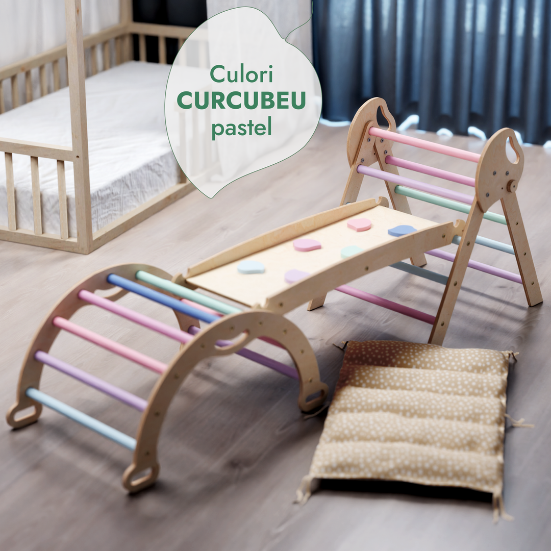 Set de cățărare Montessori 4-în-1: Triunghi Pikler, Arc, Placă de alunecare și Pernă pentru copii mici (1–3 ani) – Pastel