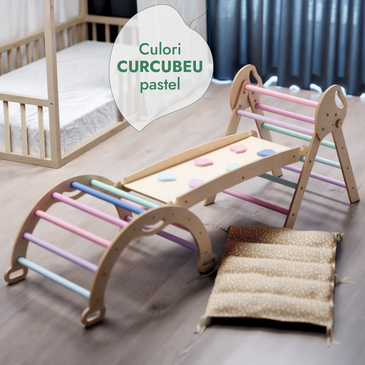 Set de cățărare Montessori 4-în-1: Triunghi Pikler, Arc, Placă de alunecare și Pernă pentru copii mici (1–3 ani) – Pastel
