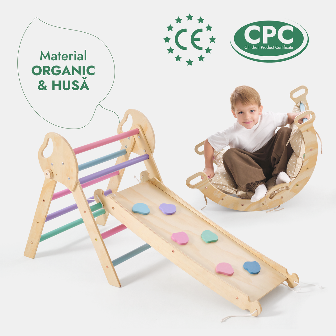 Set de cățărare Montessori 4-în-1: Triunghi Pikler, Arc, Placă de alunecare și Pernă pentru copii mici (1–3 ani) – Pastel