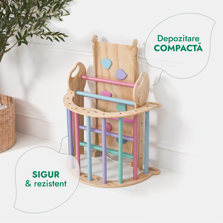 Set de cățărare Montessori 4-în-1: Triunghi Pikler, Arc, Placă de alunecare și Pernă pentru copii mici (1–3 ani) – Pastel
