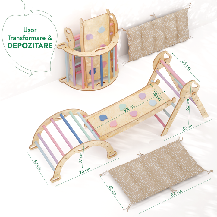 Set de cățărare Montessori 4-în-1: Triunghi Pikler, Arc, Placă de alunecare și Pernă pentru copii mici (1–3 ani) – Pastel