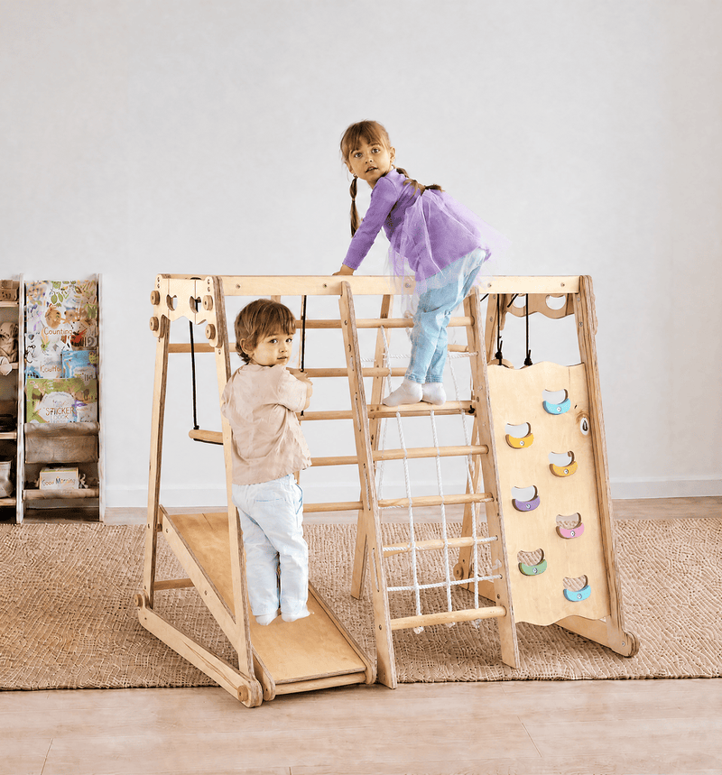 Set de gimnastică Jungle 6 în 1 pentru copii: Loc de joacă + set de leagăne + tobogan + frânghie + scări