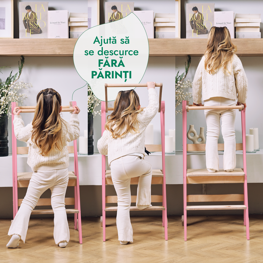 Turn de învățare: Scaun cu treaptă pliabilă pentru copii mici – Roz