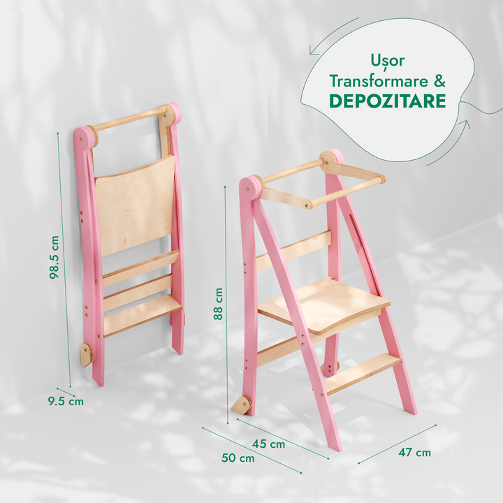 Turn de învățare: Scaun cu treaptă pliabilă pentru copii mici – Roz