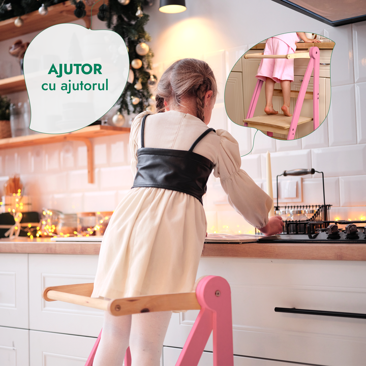 Turn de învățare: Scaun cu treaptă pliabilă pentru copii mici – Roz