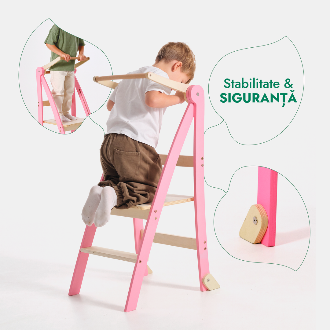 Turn de învățare: Scaun cu treaptă pliabilă pentru copii mici – Roz