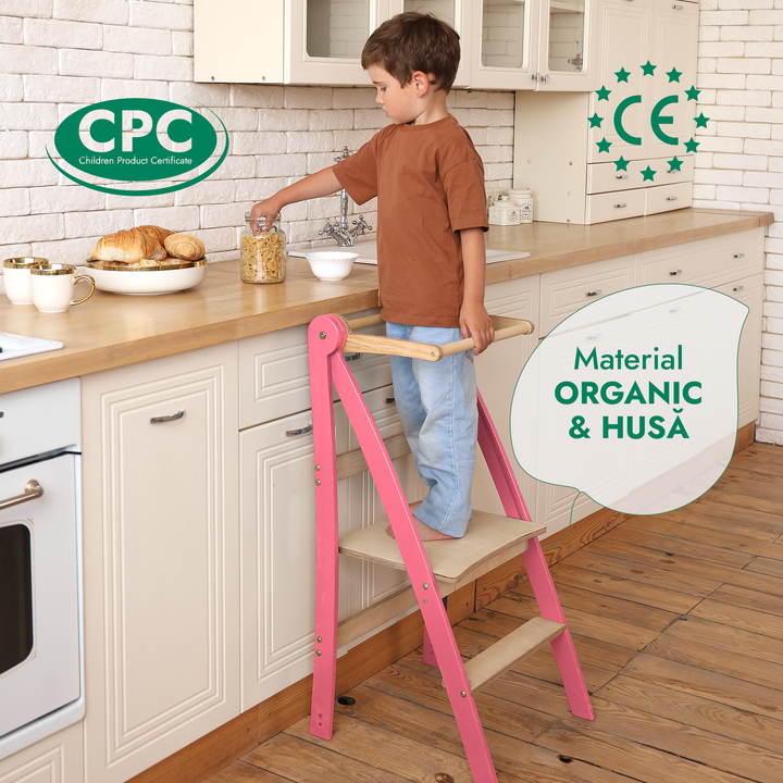 Turn de învățare: Scaun cu treaptă pliabilă pentru copii mici – Roz