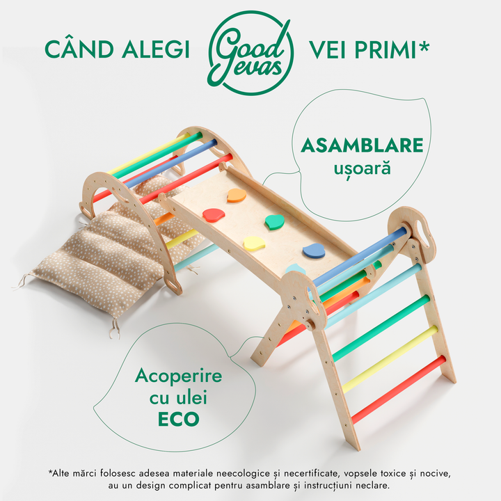 Set de cățărare Montessori 4-în-1: Triunghi Pikler, Arc, Placă de alunecare și Pernă pentru copii mici (1–3 ani) – Curcubeu