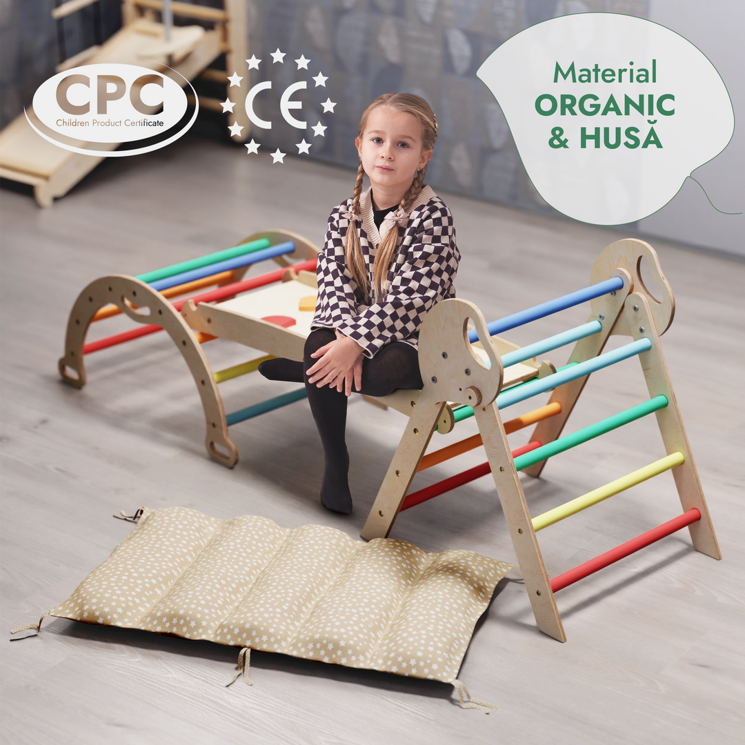 Set de cățărare Montessori 4-în-1: Triunghi Pikler, Arc, Placă de alunecare și Pernă pentru copii mici (1–3 ani) – Curcubeu