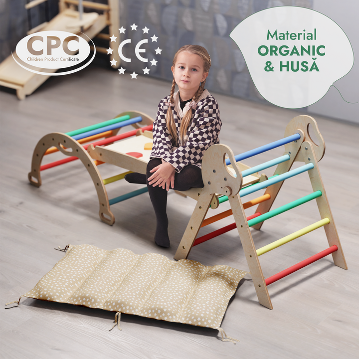 Set de cățărare Montessori 4-în-1: Triunghi Pikler, Arc, Placă de alunecare și Pernă pentru copii mici (1–3 ani) – Curcubeu