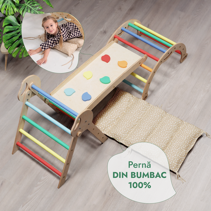 Set de cățărare Montessori 4-în-1: Triunghi Pikler, Arc, Placă de alunecare și Pernă pentru copii mici (1–3 ani) – Curcubeu