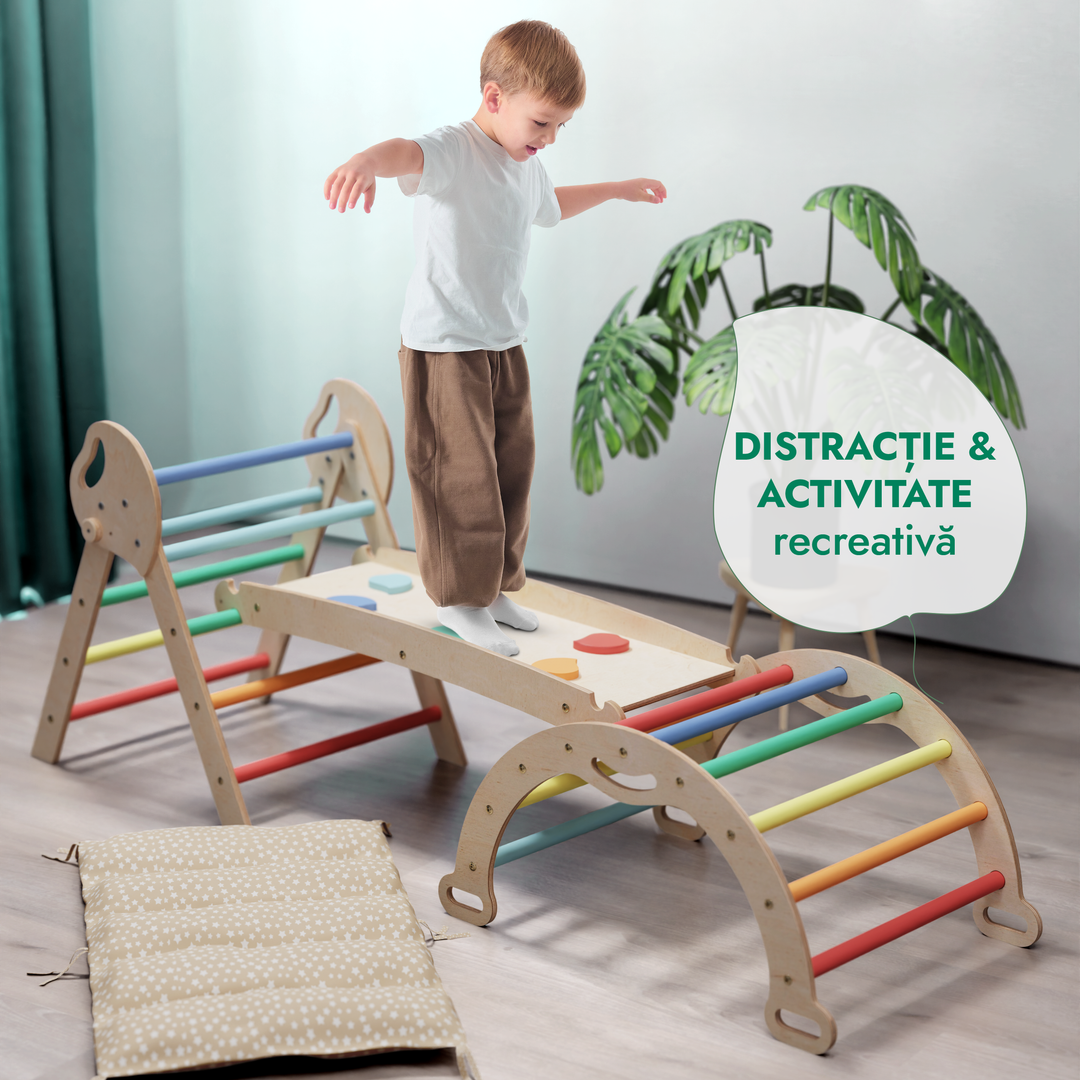 Set de cățărare Montessori 4-în-1: Triunghi Pikler, Arc, Placă de alunecare și Pernă pentru copii mici (1–3 ani) – Curcubeu