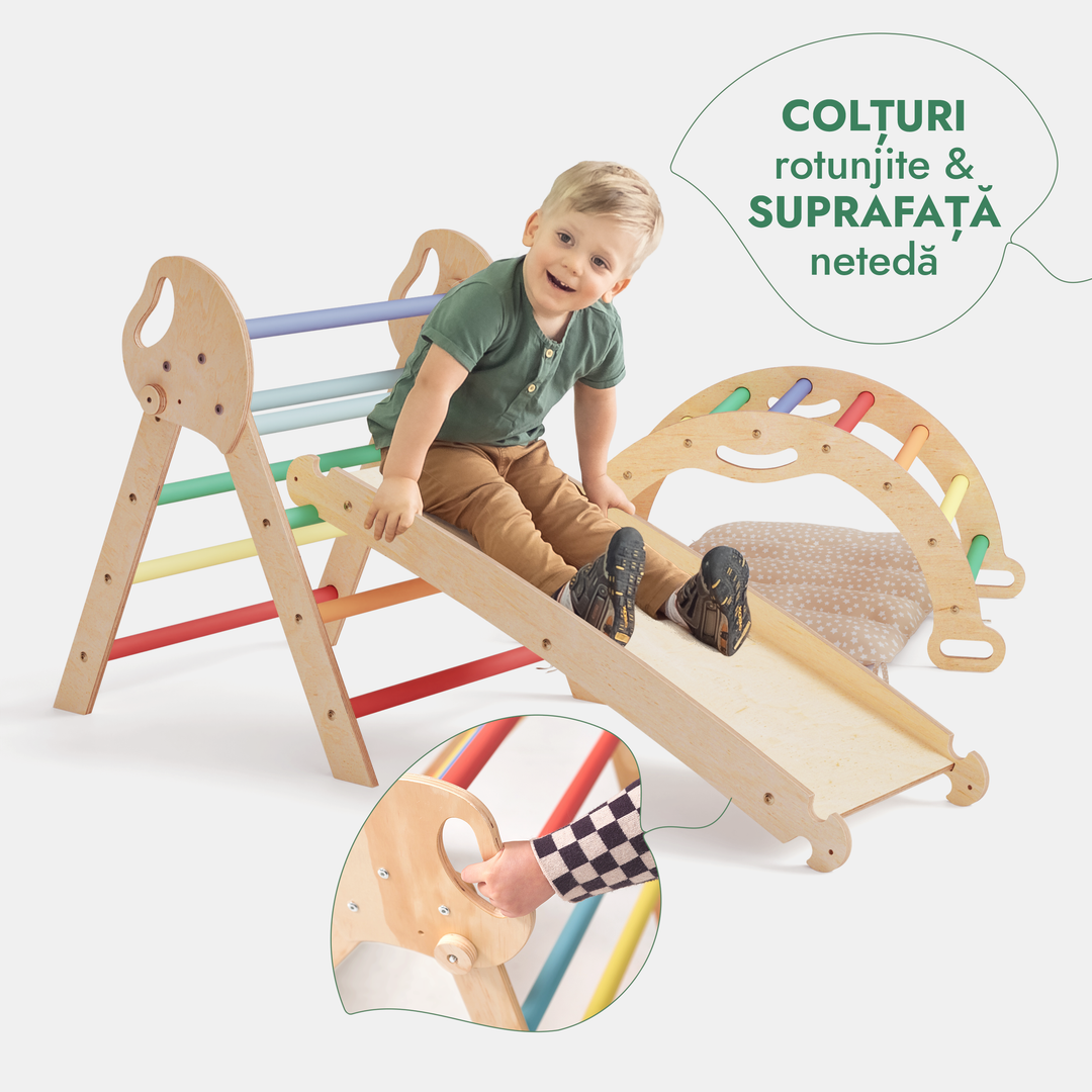 Set de cățărare Montessori 4-în-1: Triunghi Pikler, Arc, Placă de alunecare și Pernă pentru copii mici (1–3 ani) – Curcubeu