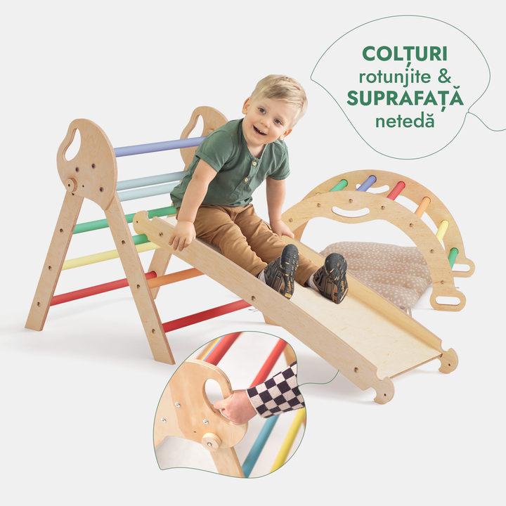Set de cățărare Montessori 4-în-1: Triunghi Pikler, Arc, Placă de alunecare și Pernă pentru copii mici (1–3 ani) – Curcubeu