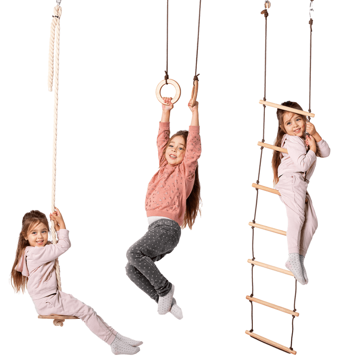 Set 3 în 1 cu leagăn și jucării de cățărare: scară din frânghie, inele de gimnastică și leagăn cu disc