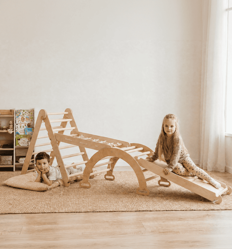 Set de cățărare Montessori 5 în 1: Triunghi Pikler + Arc/Balansoar + Tobogan/Rampă + Plasă de cățărare + Pernă