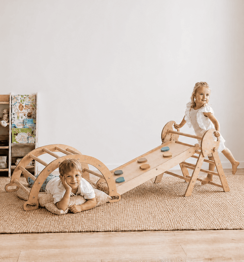 Set de cățărat Montessori 5 în 1: scară triunghiulară + arc de cățărat + tobogan + pernă